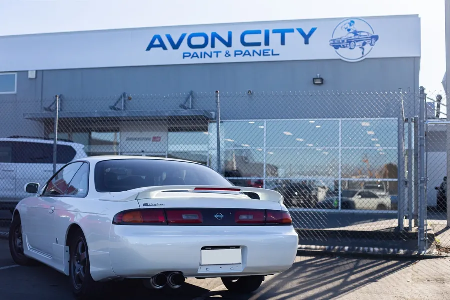 Finished Silvia at the Avon City Paint & Panel building, side profile